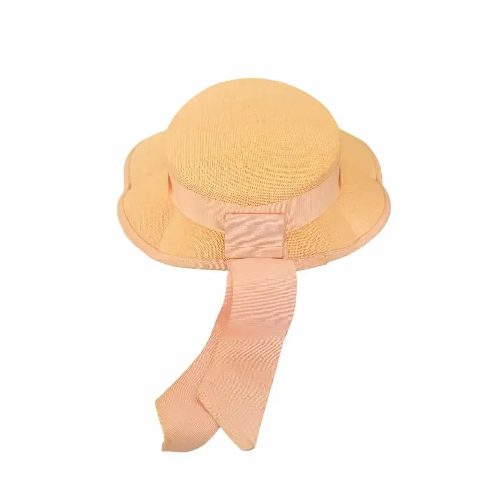 Vintage Straw Boater Sun Hat Wide Brim Ribbon Cottagecore